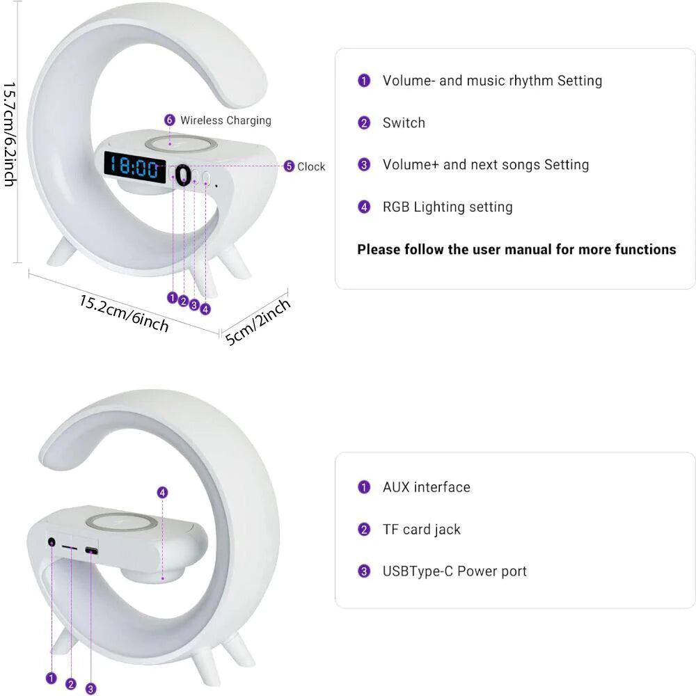 Smart G Lámpara Inteligente en Forma de G con Altavoz Bluetooth y Carga Inalámbrica